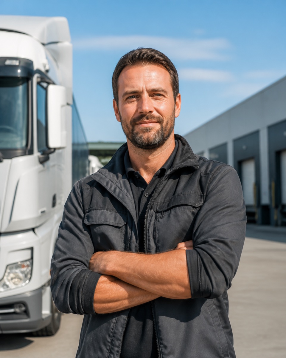 Autista di camion in un moderno centro logistico
